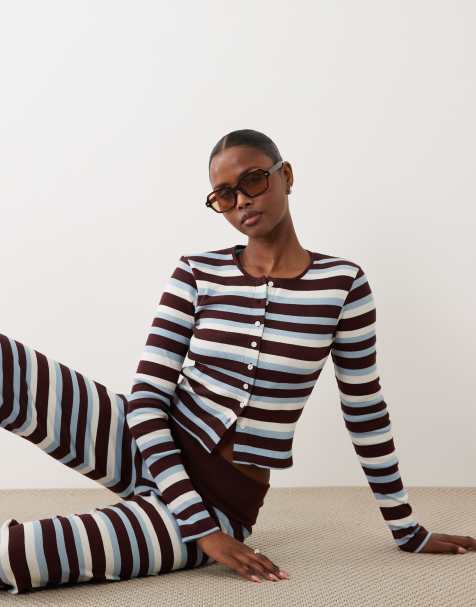 The Frolic - Blå og chokoladebrun langærmet top med ribber og knapper - Del af sæt - Kun hos ASOS - view 1