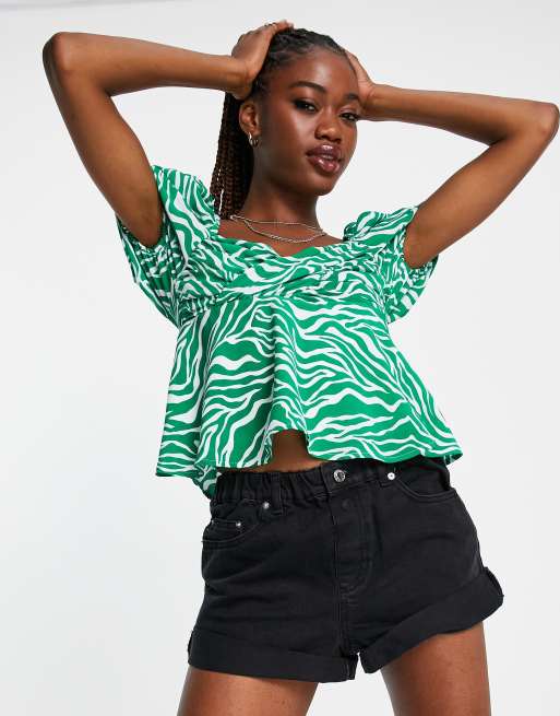 The Frolic - Blusa punto smock verde zebrato con incrocio sul petto e maniche a sbuffo