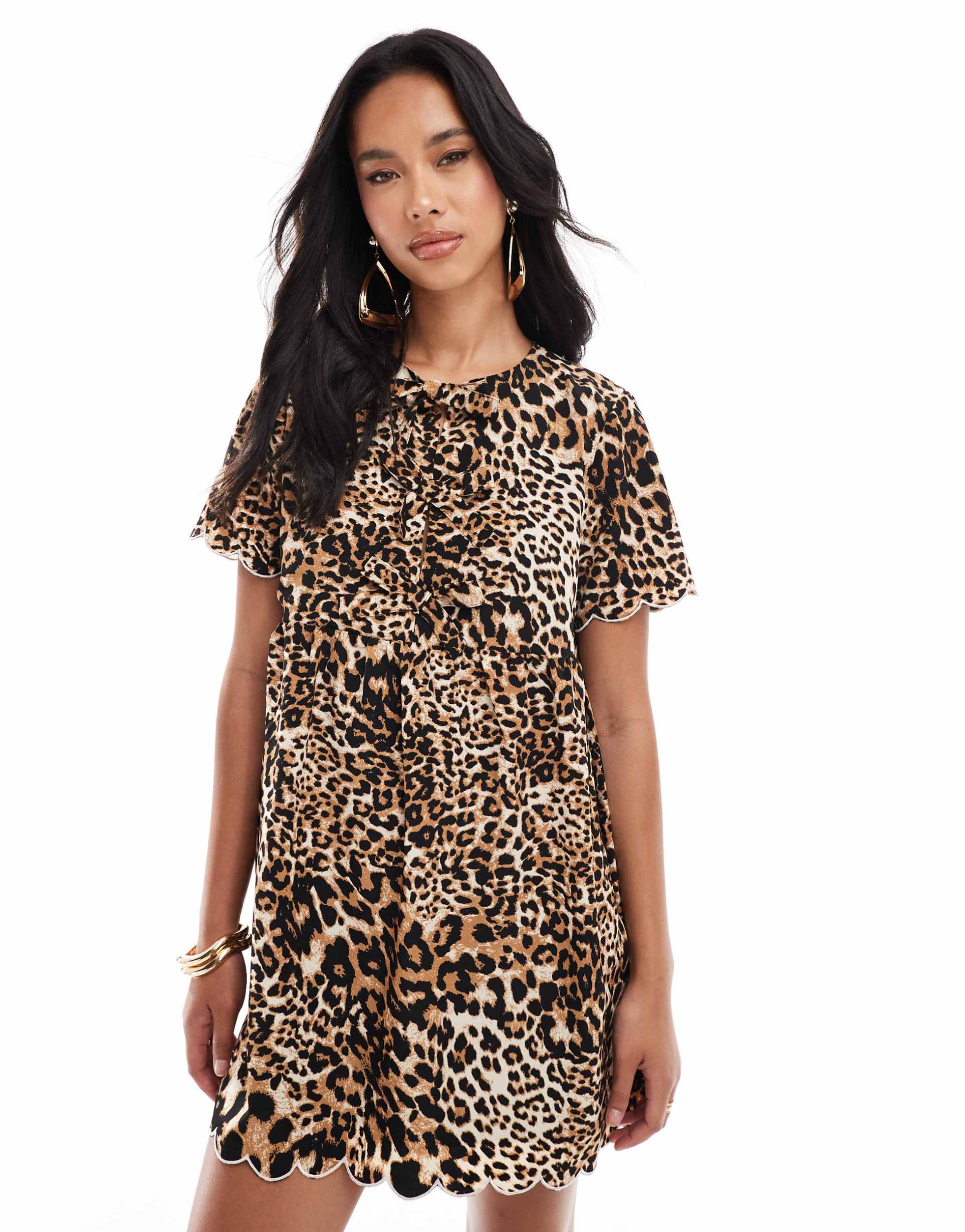 the frolic bow detail scallop trim mini dress in leopard