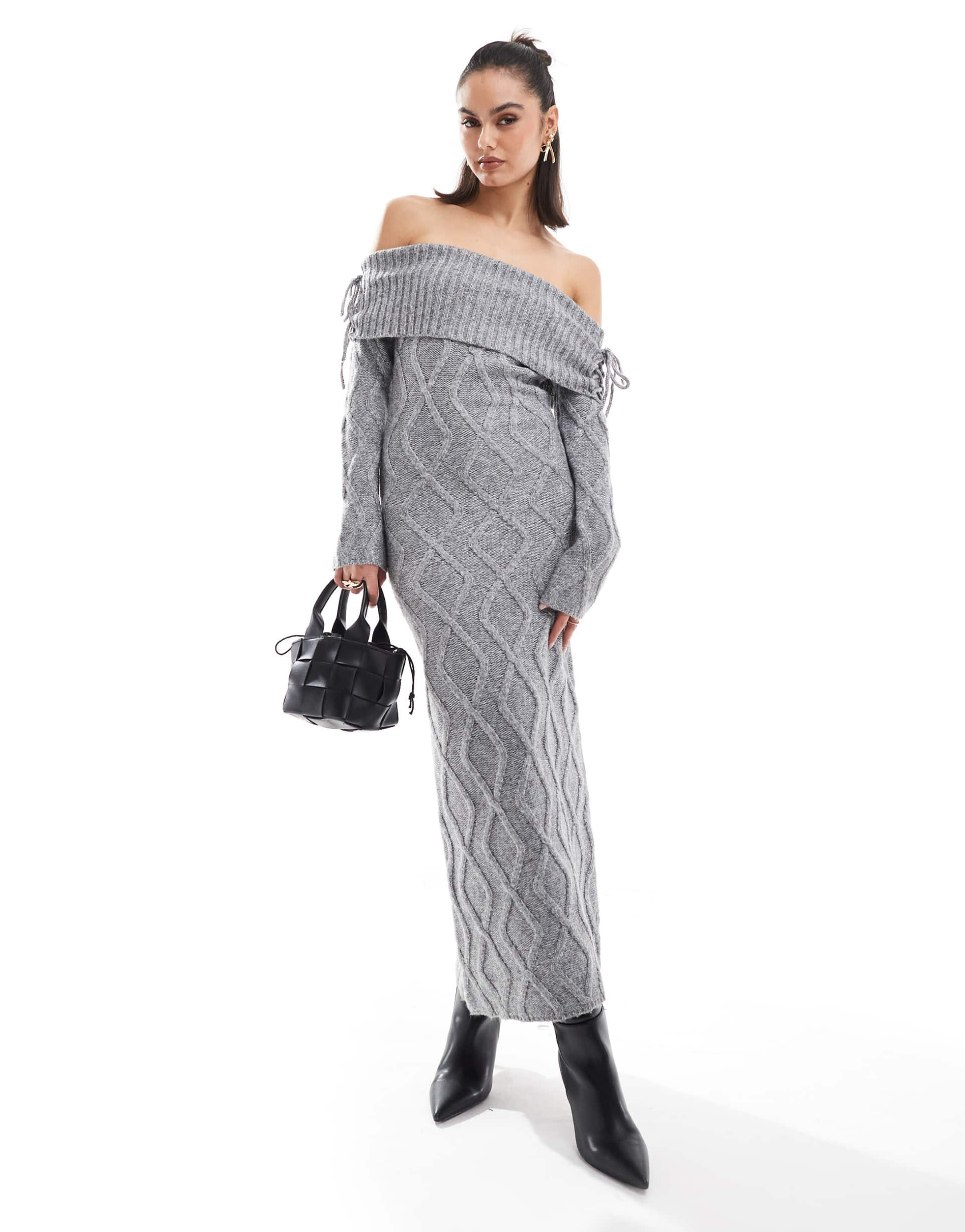 the frolic cable knit bardot maxi sweater dress in gray