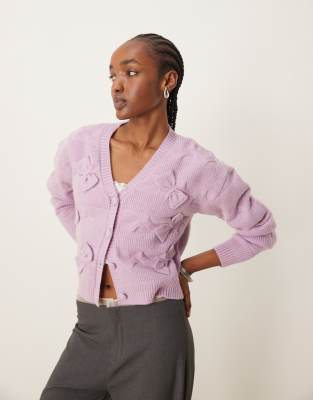 The Frolic Cable Knit Bow Detail Button Through Cardigan In Lilac-purple