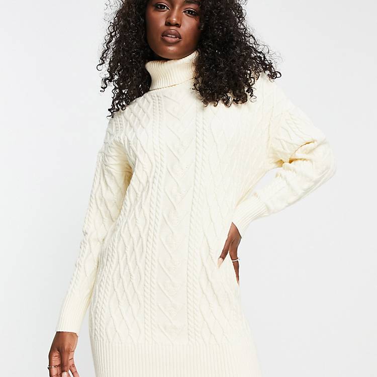 The Frolic cable knit roll neck mini sweater dress in cream