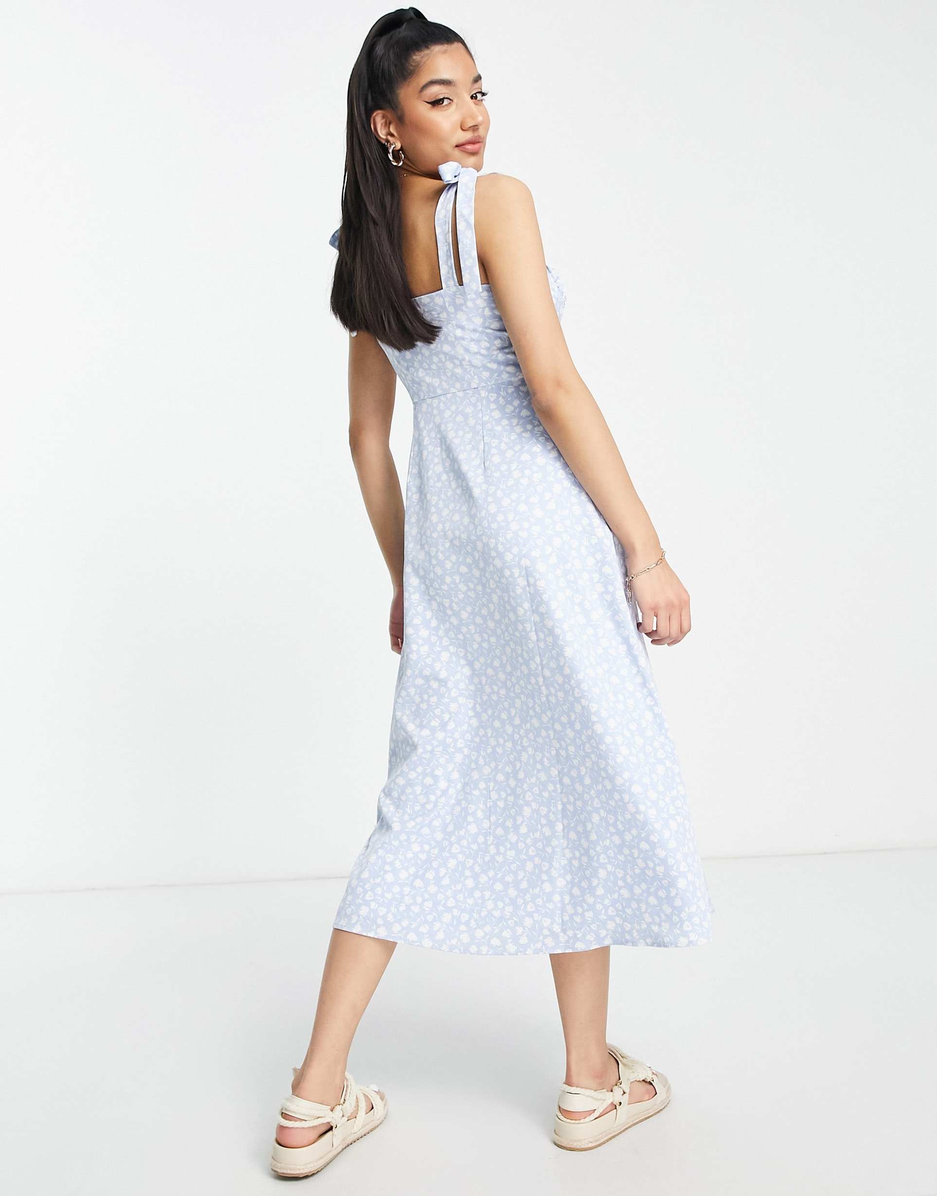 The Frolic cami midi dress with tie straps and ruched bust in vintage ditsy floral view 3