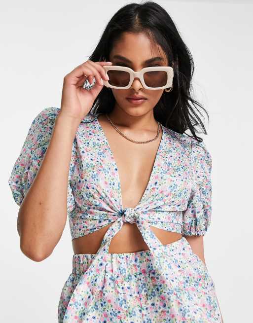 The Frolic Cara Tie Front Beach Top Co Ord In Floral Disty Print Asos