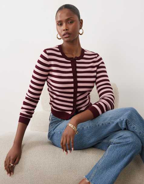 The Frolic cardigan boutonné exclusif à rayures rose et bordeaux - view 1
