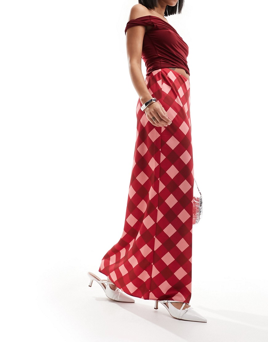 The Frolic Check Print Satin Midaxi Skirt In Red And Pink