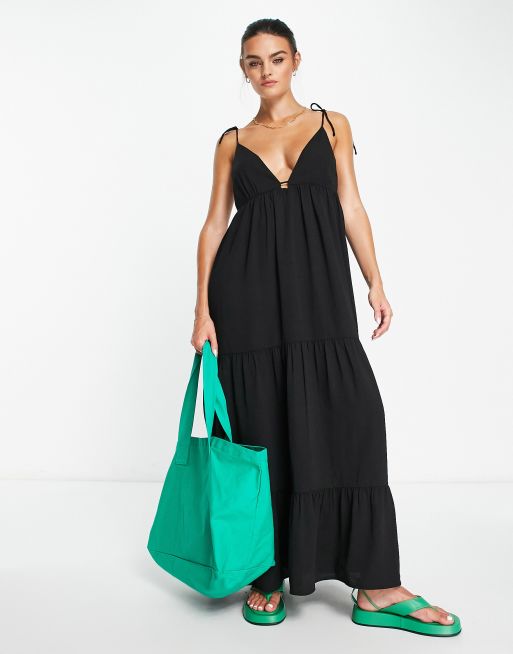 The Frolic coburn v neck tiered maxi summer dress in black 
