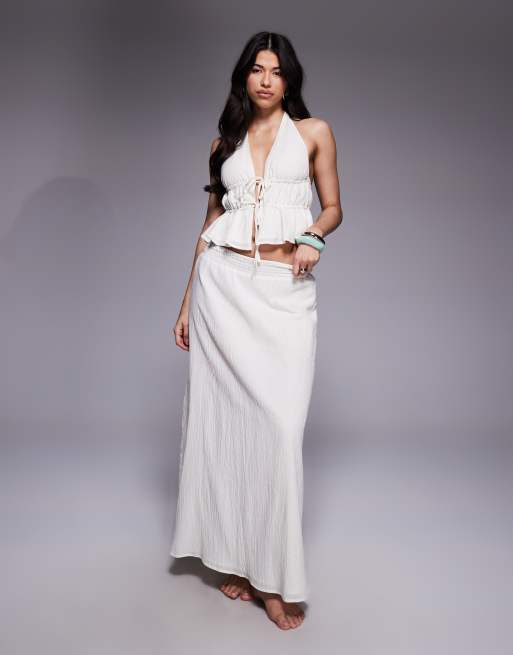 The Frolic - Coordinato effetto lino stropicciato color crema composto da top allacciato al collo e gonna lunga