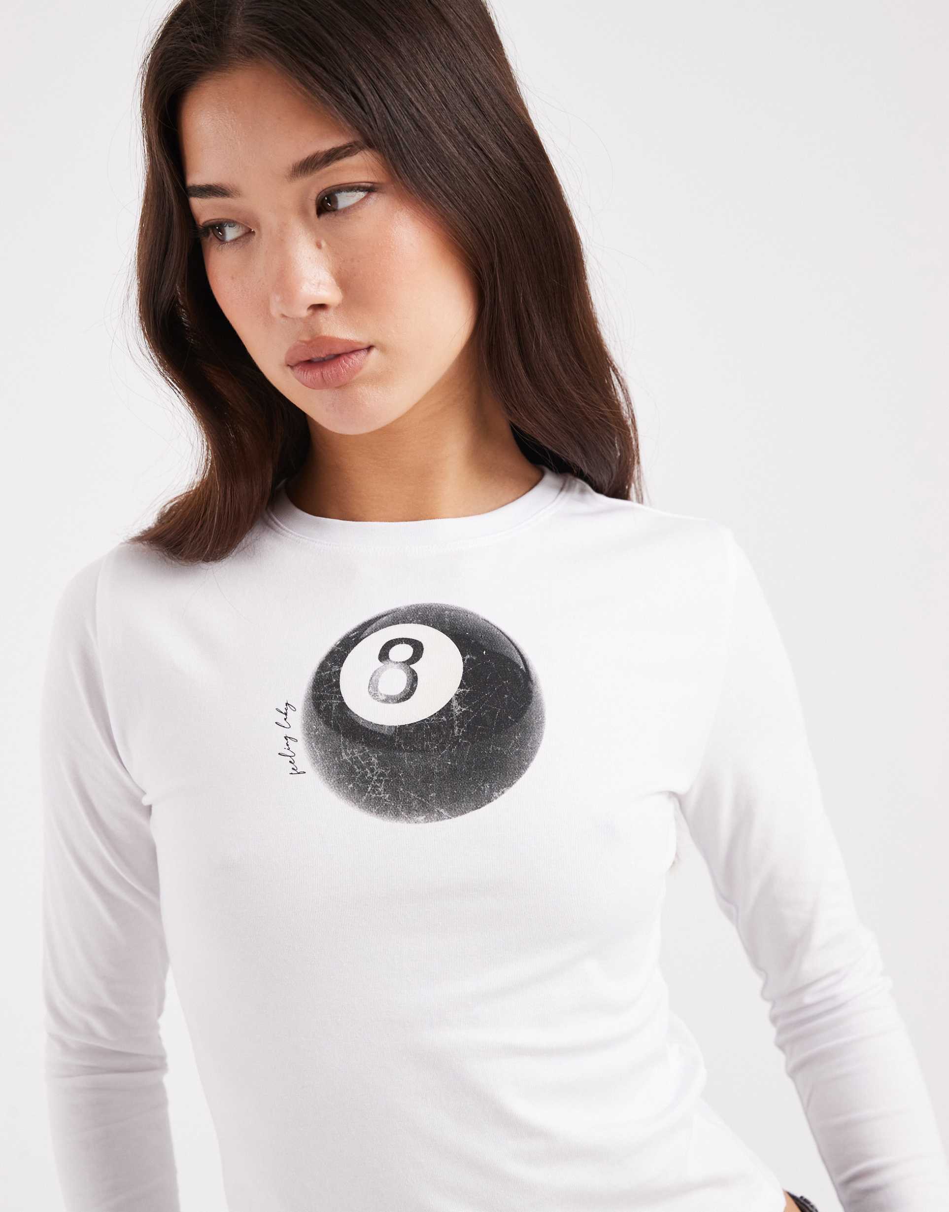 the frolic cotton rich 8 ball graphic long sleeve baby tee in white