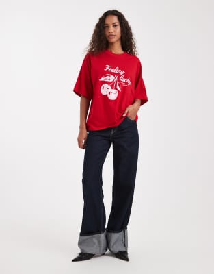 The Frolic Cotton Rich 'feeling Lucky' Cherry Graphic Oversized T-shirt In Red