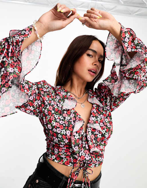 The Frolic - Cropped blouse met fijne bloemenprint en ruches langs de randen in multi