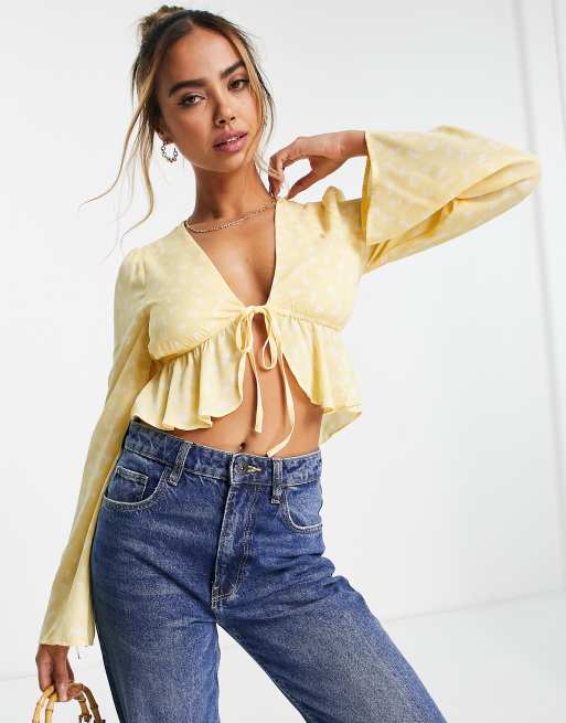 The Frolic - Cropped bluse med klokkeærmer og morgenfruemønster