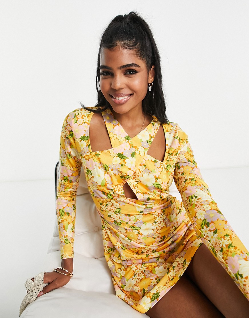 The Frolic cross-over detail mesh mini dress in yellow floral-Multi