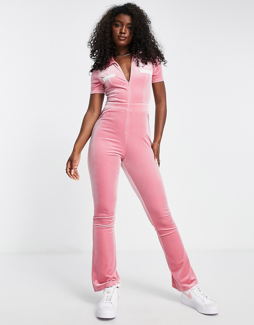 The Frolic crushed velvet jumpsuit in baby pink