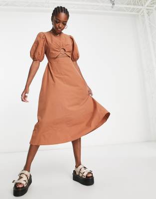 The Frolic cut-out detail puff sleeve midaxi dress in coconut shell brown