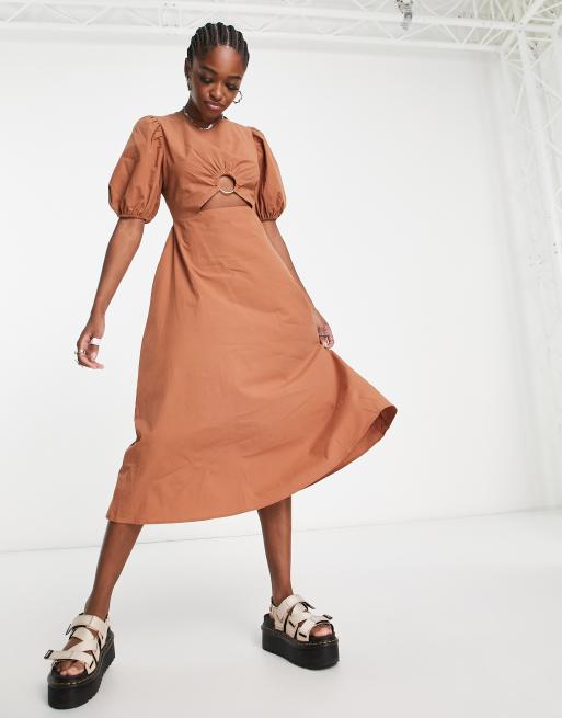 The Frolic cut-out detail puff sleeve midaxi dress in coconut shell brown |  ASOS