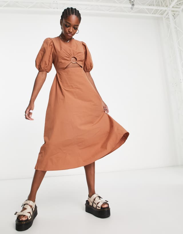 The Frolic cut-out detail puff sleeve midaxi dress in coconut shell brown