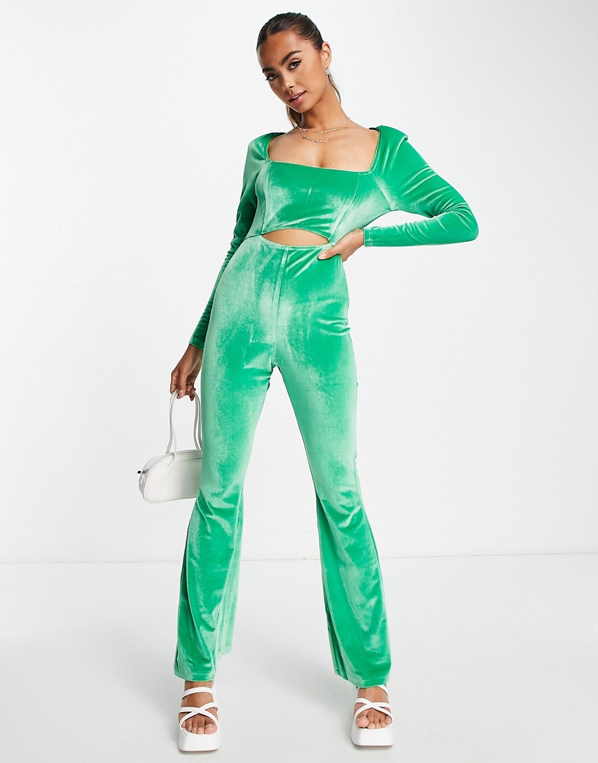 The Frolic cut-out velvet bustier jumpsuit in emerald green