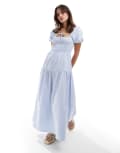 [The Frolic] The Frolic Demitri puff sleeve ruched tie back maxi dress in blue and white stripe 6 WHITE