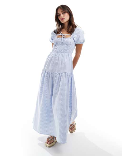 The Frolic - Demitri - Robe longue froncée et nouée au dos à manches bouffantes - Bleu et blanc