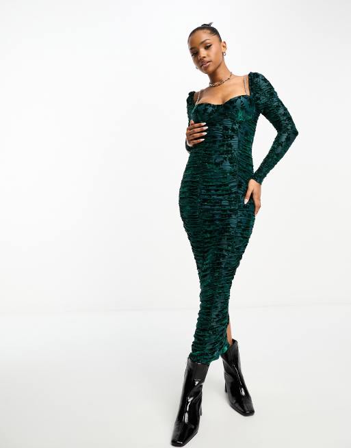 The Frolic diamond strap devore ruched midi dress in emerald green