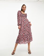 Miss Selfridge textured shirred midi dress in pink ditsy | ASOS