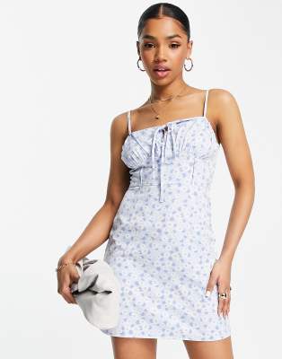 The Frolic Ditsy Ruched Bust Cami Dress In Pale Blue