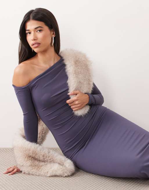 The Frolic eksklusiv superblød jersey offshoulder-maxikjole i skiferblå, 2 af 4