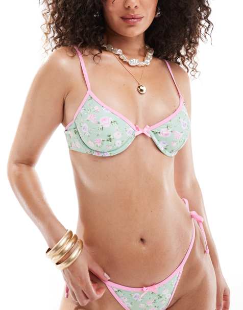 The Frolic – Eleanora – Zielona góra od bikini w kwiatowy wzór z kontrastowym wykończeniem i kokardką - view 1