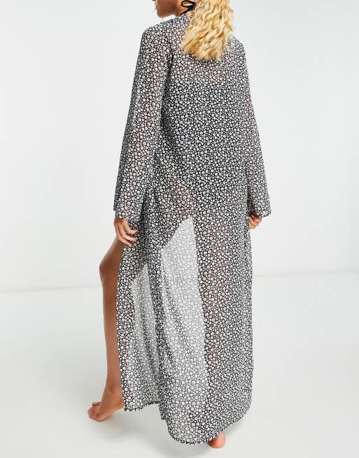 The Frolic - Ellian - Kimono de plage à imprimé fleuri - Noir et blanc , 2 de 4