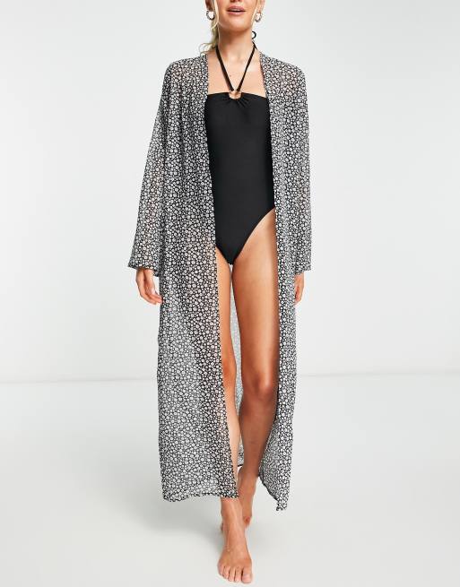 The Frolic - Ellian - Kimono de plage à imprimé fleuri - Noir et blanc , 4 de 4