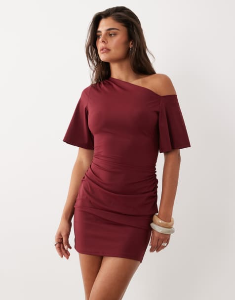 The Frolic esclusivo mini dress asimmetrico con spalle scoperte, arricciature laterali, in bordeaux - view 1