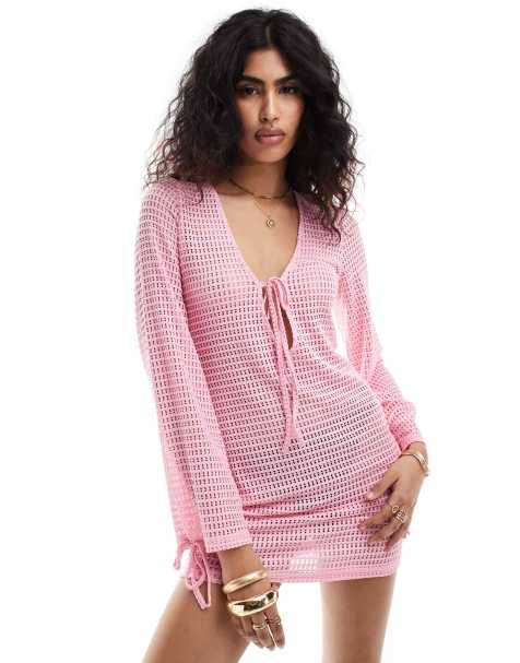 The Frolic - Esmarie - Robe de plage courte à détail noué et manches longues - Rose - view 1