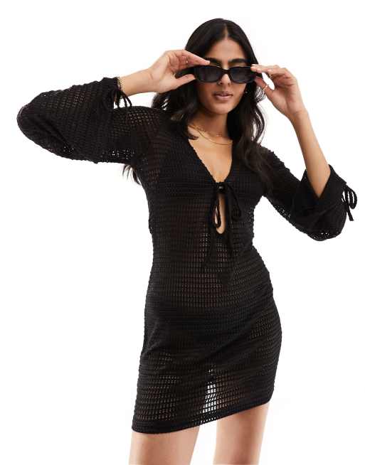 The Frolic - Esmarie - Sort mini-strandkjole med lange ærmer og bindedetalje - Kun hos ASOS   