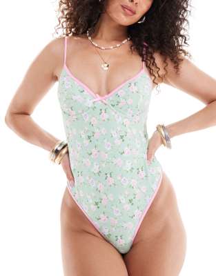 The Frolic The Frolic exclusive alcudia cupped tie shoulder contrast binding swimsuit in floral print-Green