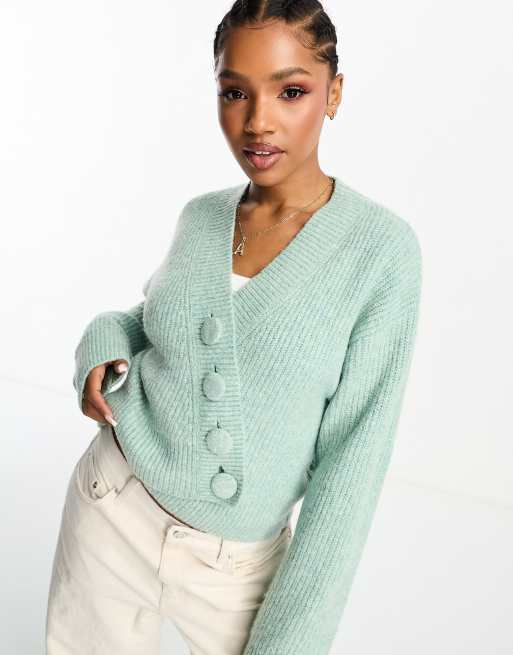 The Frolic exclusive asymmetric detail cardigan in aqua marl 