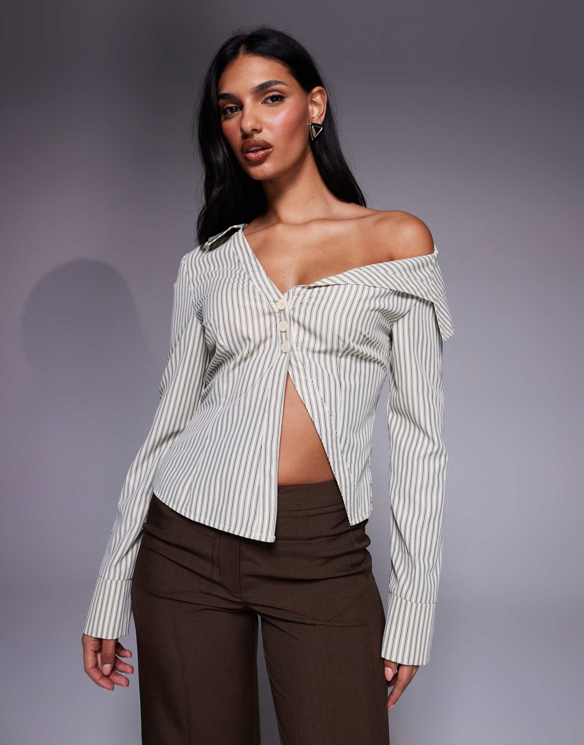 the frolic exclusive asymmetric detailing split front flare sleeve shirt in beige stripes - part of a set