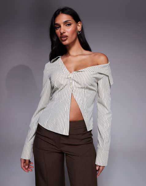 The Frolic exclusive asymmetric off shoulder detail split front flare sleeve shirt in beige stripe - view 1