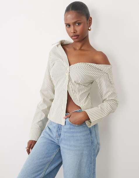 The Frolic exclusive asymmetric off shoulder detail split front flare sleeve shirt in beige stripe - view 1