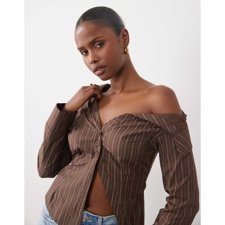 todayful Silky Halfsleeve Shirts ダークブラウン The Frolic exclusive asymmetric off shoulder detail split front