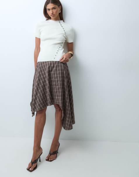 The Frolic exclusive aysmmetric hem midi skirt in brown check