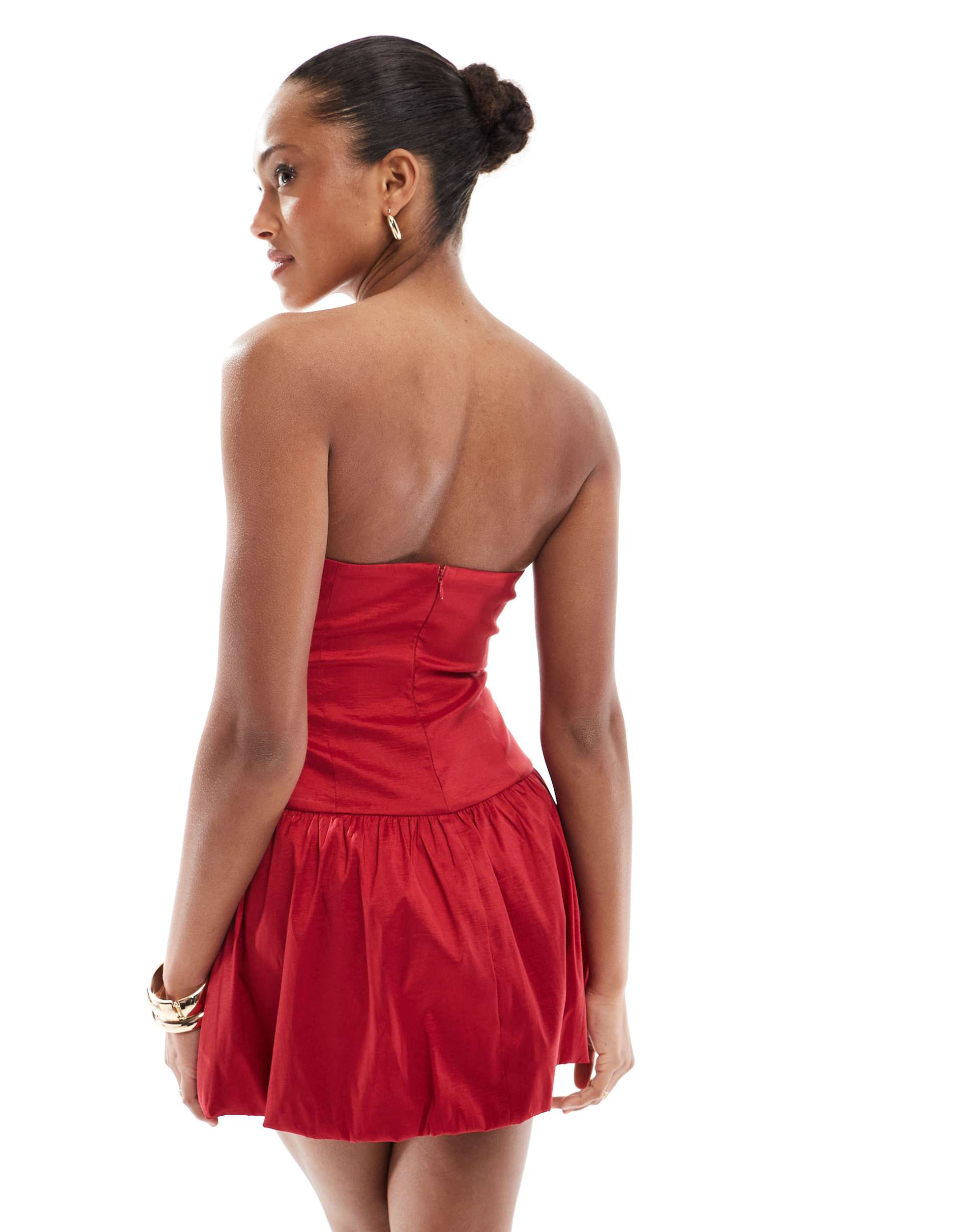 the frolic exclusive bandeau bow detail cut-out satin puffball mini dress in red