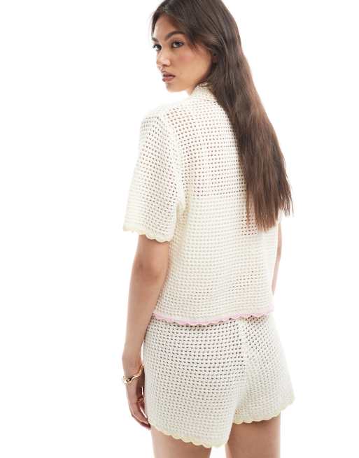 The Frolic exclusive beach flower detail crochet shirt in cream - part of a set  