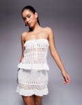 [The Frolic] The Frolic exclusive beach pointelle crochet bandeau ruffle top in cream (Part of a set)-White 34 CREAM