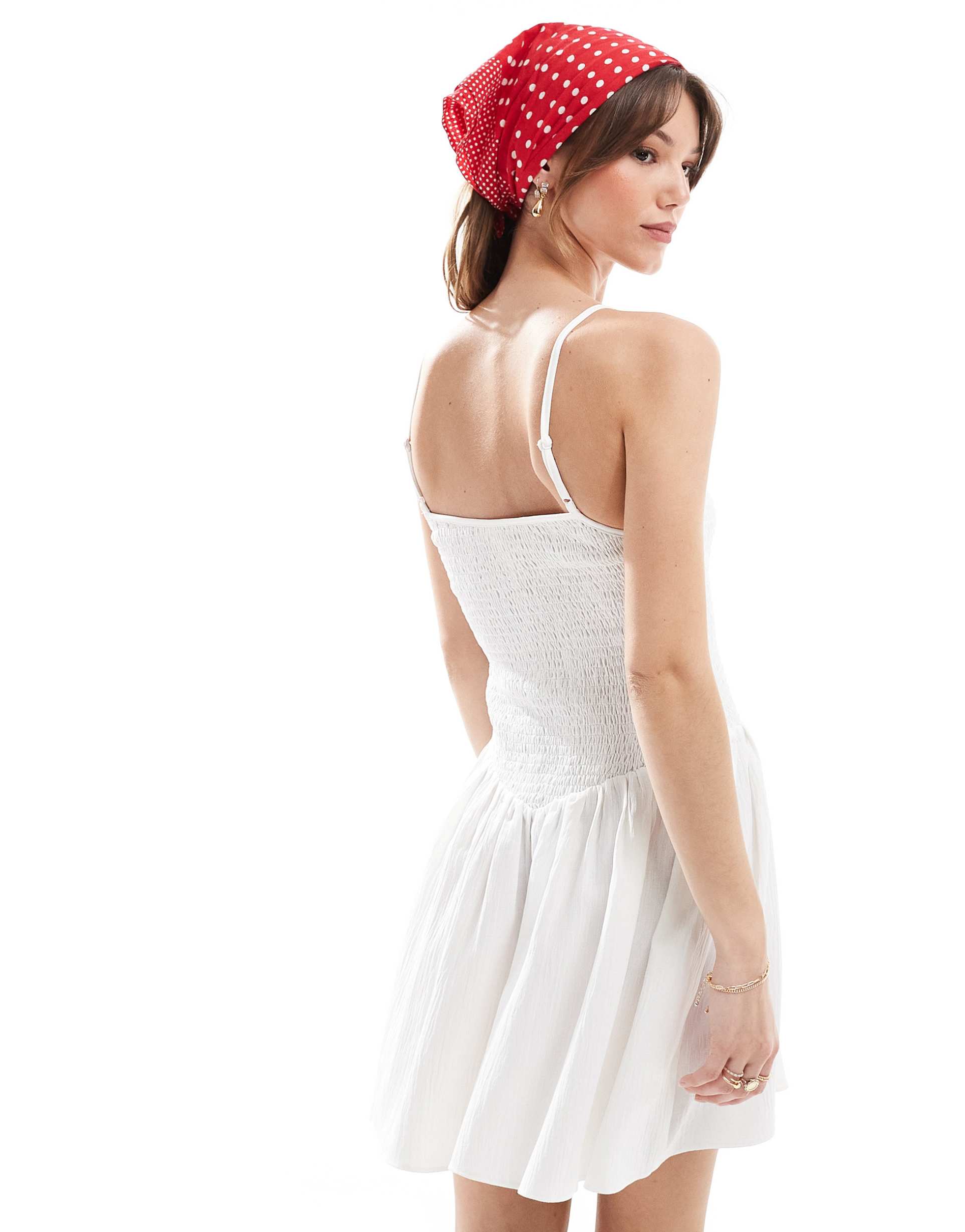 the frolic exclusive beach square neck shirred textured skirt mini dress in white