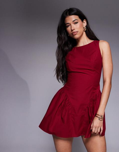 The Frolic exclusive bengaline sleeveless slash neck hip pleat detail mini dress in burgundy - view 1