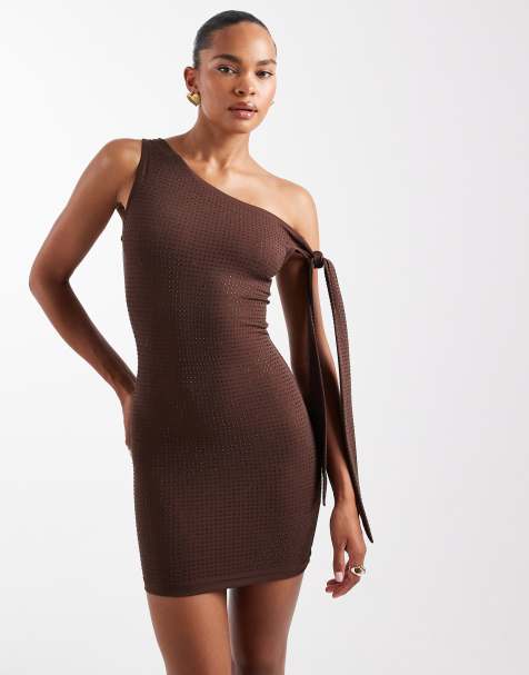The Frolic - Exclusive - Bodycon mini-jurk met siersteentjes, blote schouder en strikdetail in chocoladebruin - view 1