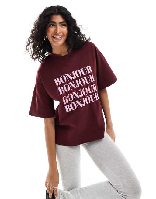 The Frolic Exclusive – Bordowy T-shirt oversize z logo z napisem „Bonjour”   