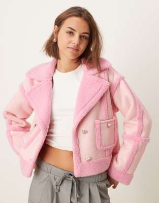 exclusive borg detail faux suede cropped jacket in pink