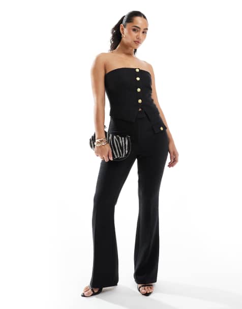 The Frolic exclusive boucle bandeau gold flower button top and flared pants set in black - view 1